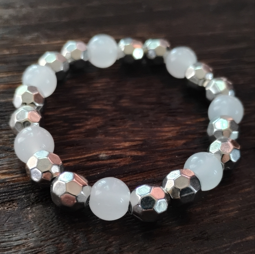 Disco Ball and White Beaded Bracelet - 7 Inches